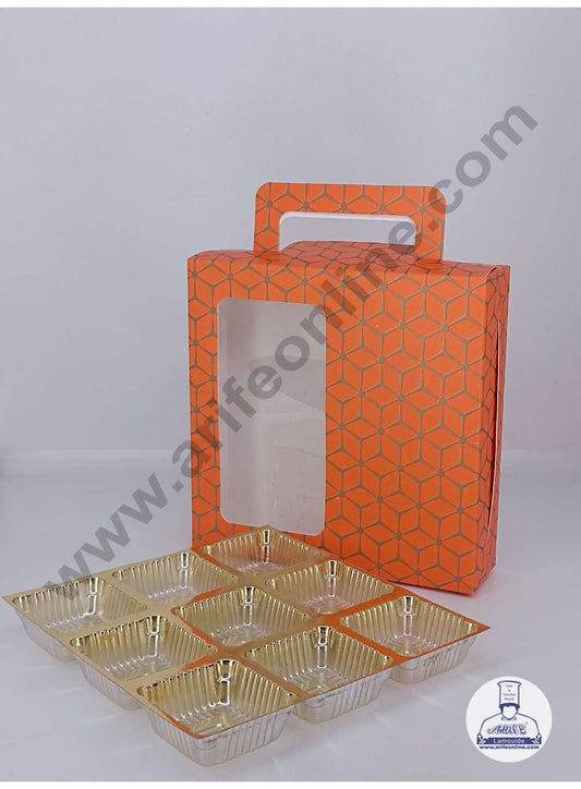 9 Cavity 3D Cube Print Chocolate Box with Cavity, Clear Window & Handle ( 10 Piece Pack ) - Orange (MOQ 12 PACK) (ARD)