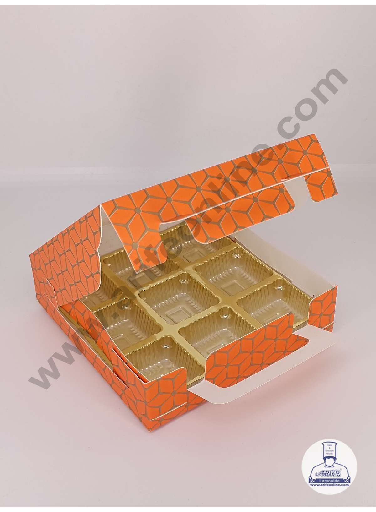 9 Cavity 3D Cube Print Chocolate Box with Cavity, Clear Window & Handle ( 10 Piece Pack ) - Orange (MOQ 12 PACK) (ARD)