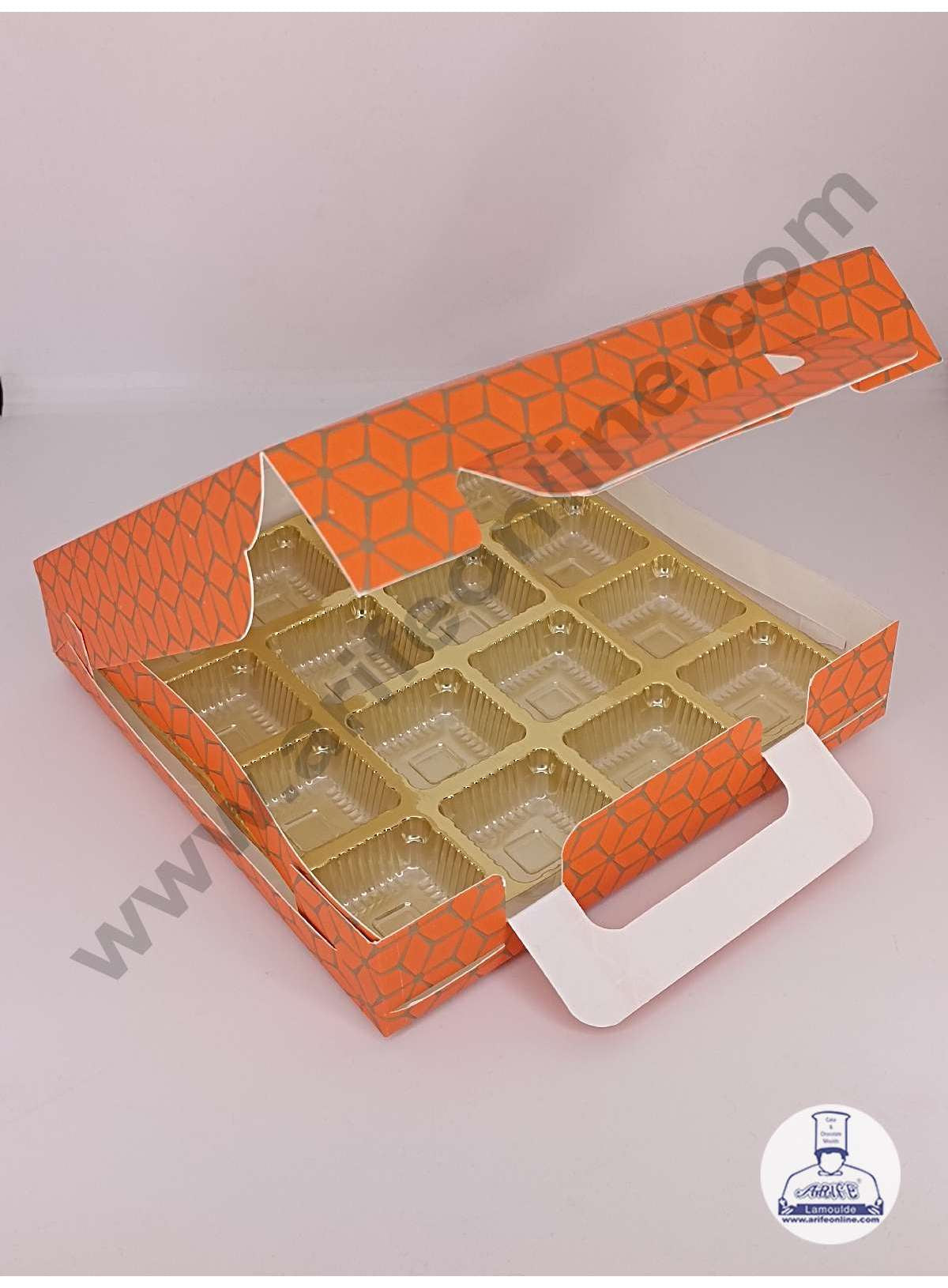 16 Cavity 3D Cube Print Chocolate Box with Cavity, Clear Window & Handle ( 10 Piece Pack ) - Orange (MOQ 12 PACK) (RDD)