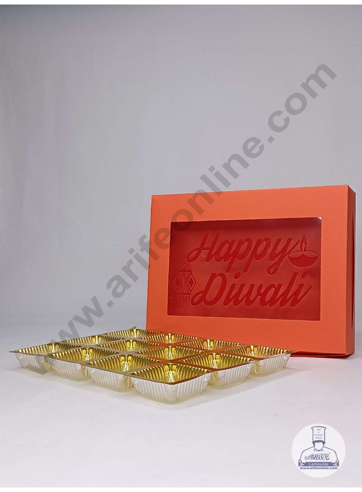 12 Cavity Orange Chocolate Box with Happy Diwali Print on Clear Window & Cavity ( 10 Piece Pack ) - Orange (MOQ 12 PACK) (ADD)