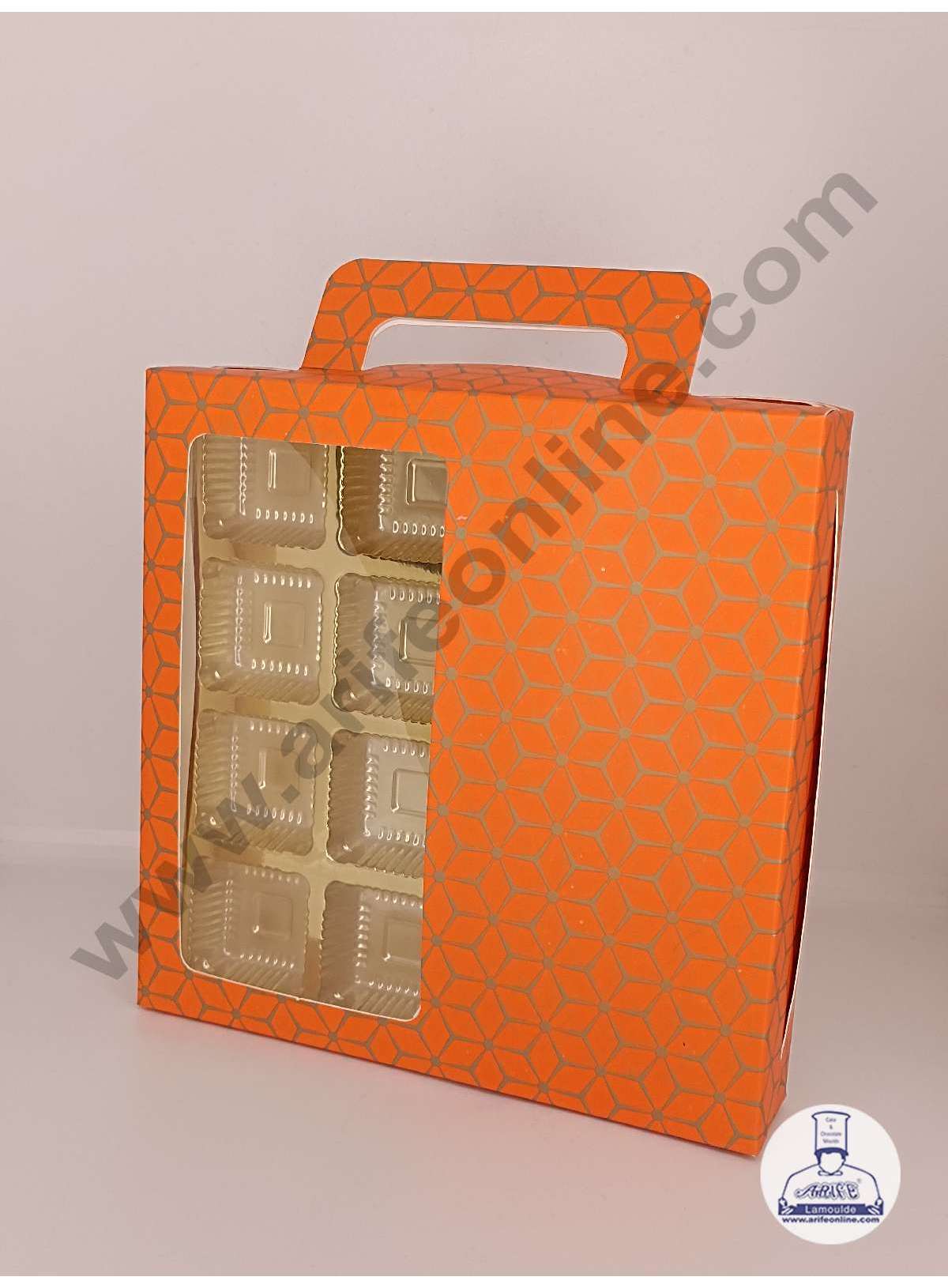 16 Cavity 3D Cube Print Chocolate Box with Cavity, Clear Window & Handle ( 10 Piece Pack ) - Orange (MOQ 12 PACK) (RDD)