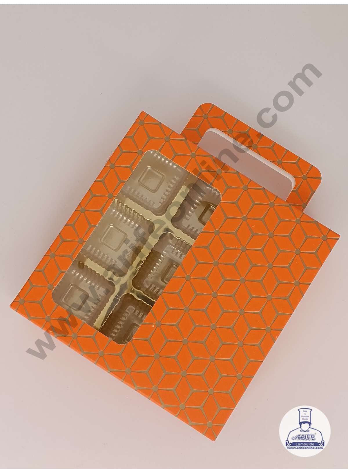 9 Cavity 3D Cube Print Chocolate Box with Cavity, Clear Window & Handle ( 10 Piece Pack ) - Orange (MOQ 12 PACK) (ARD)