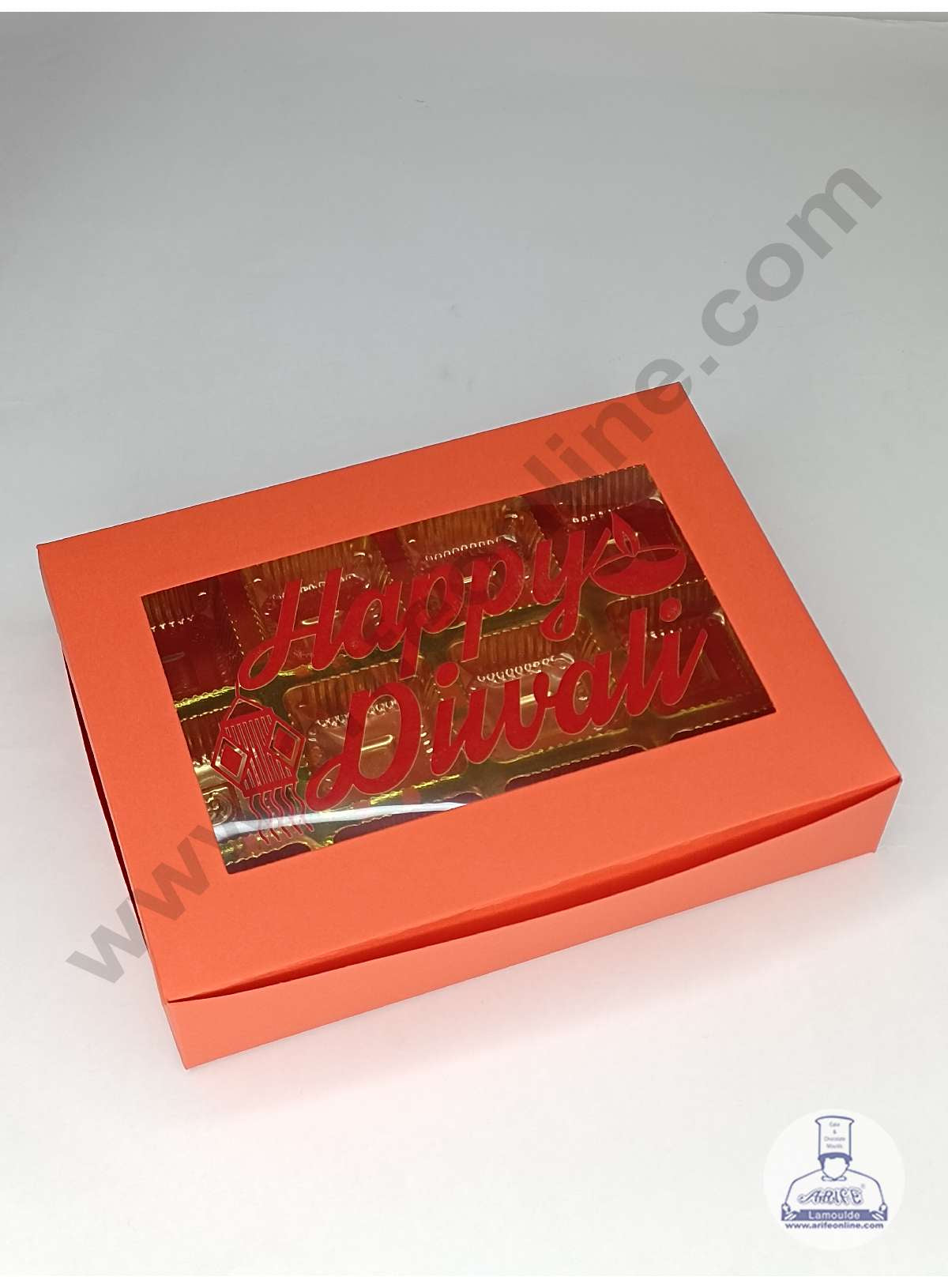 12 Cavity Orange Chocolate Box with Happy Diwali Print on Clear Window & Cavity ( 10 Piece Pack ) - Orange (MOQ 12 PACK) (ADD)