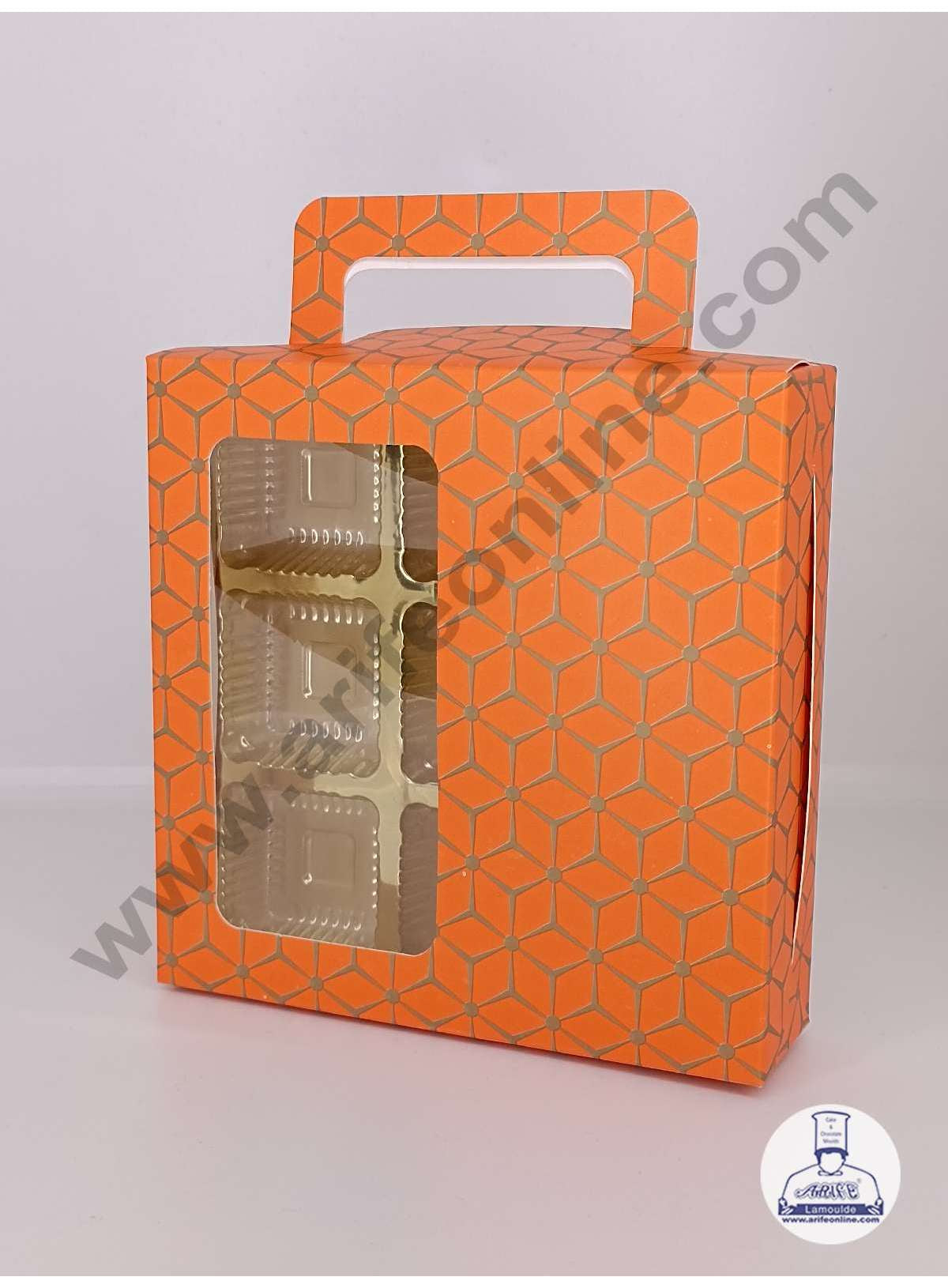 9 Cavity 3D Cube Print Chocolate Box with Cavity, Clear Window & Handle ( 10 Piece Pack ) - Orange (MOQ 12 PACK) (ARD)