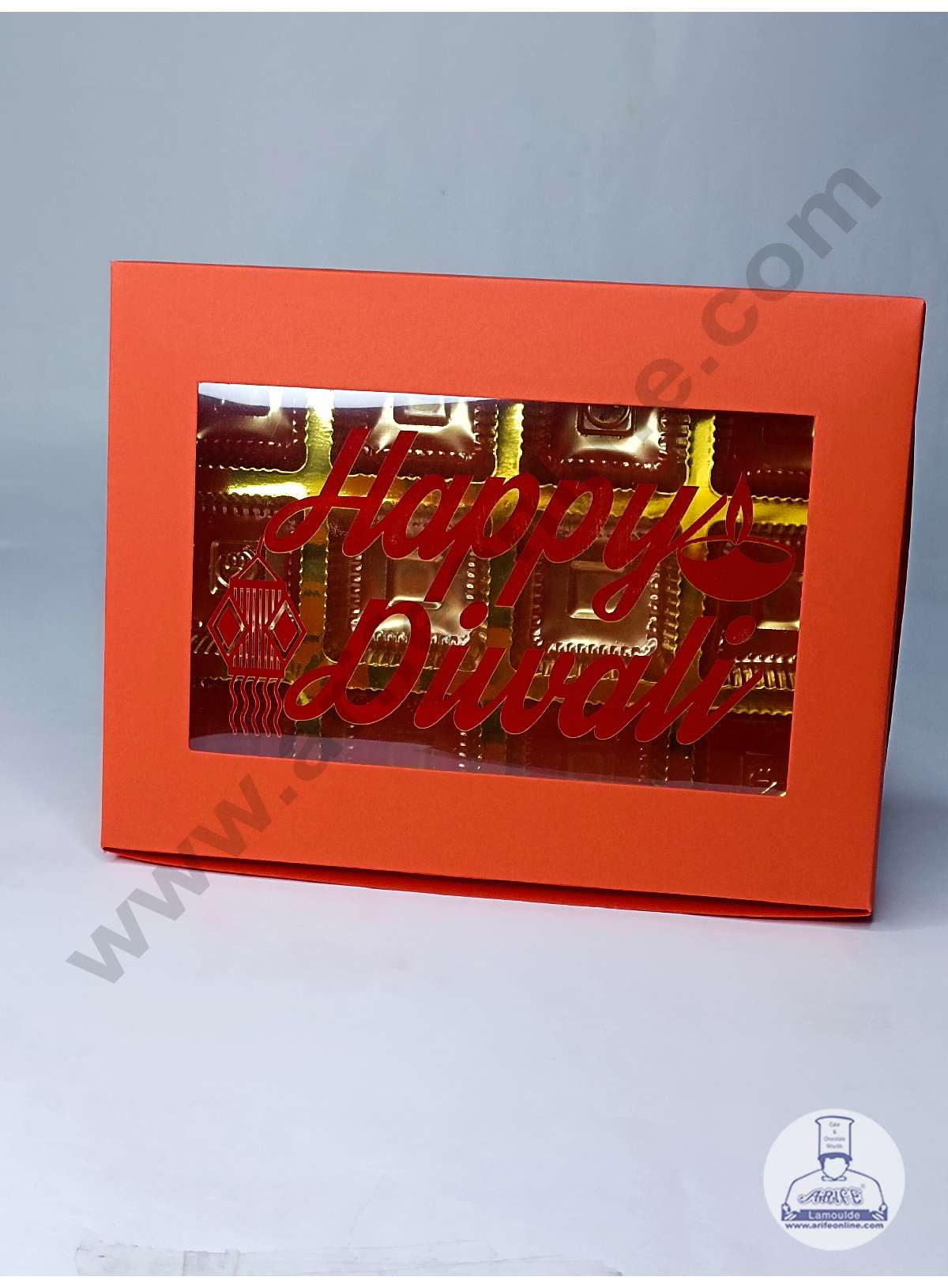 12 Cavity Orange Chocolate Box with Happy Diwali Print on Clear Window & Cavity ( 10 Piece Pack ) - Orange (MOQ 12 PACK) (ADD)