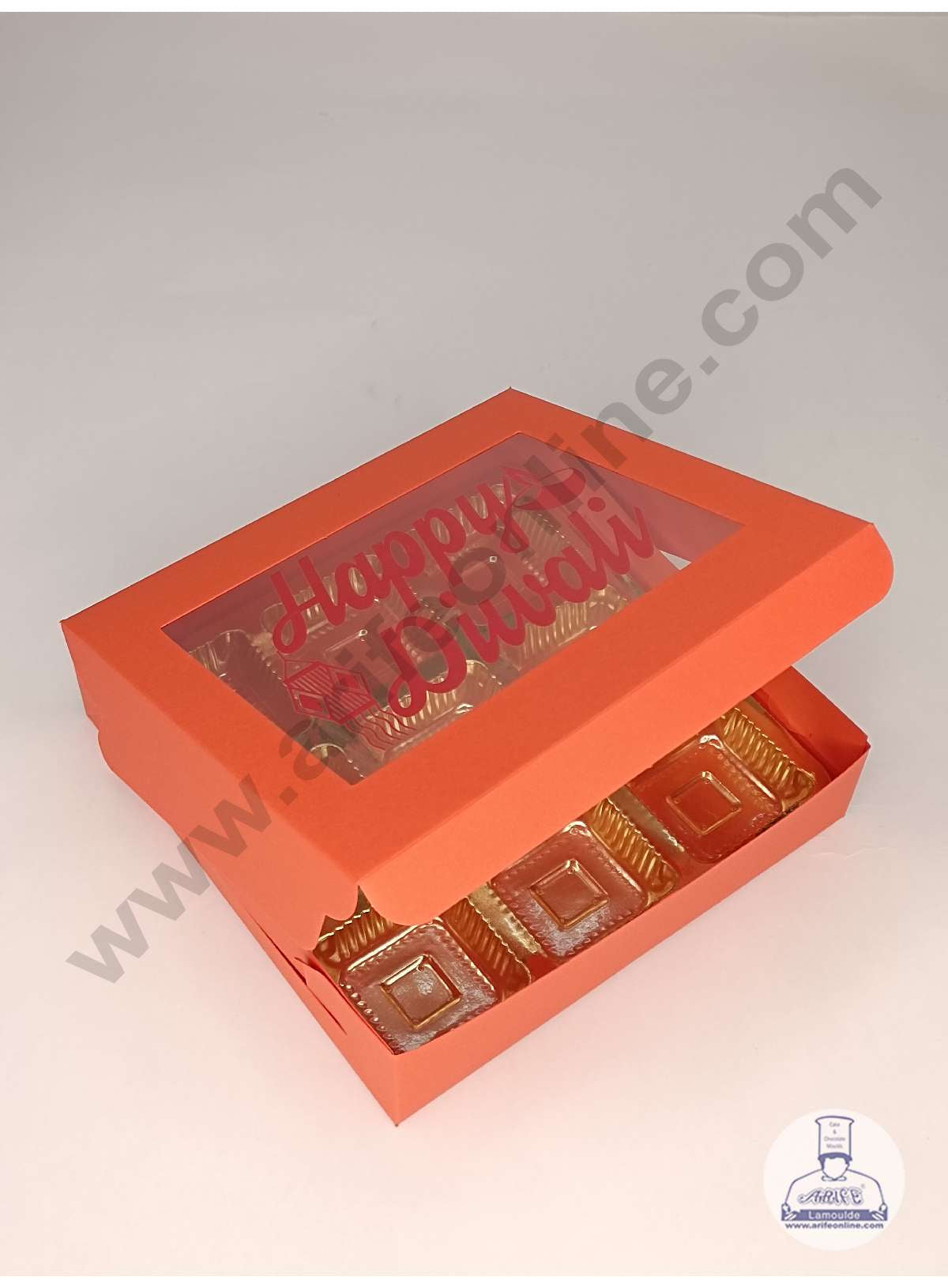 9 Cavity Orange Chocolate Box with Happy Diwali Print on Clear Window & Cavity ( 10 Piece Pack ) - Orange (MOQ 12 PACK) (UD)