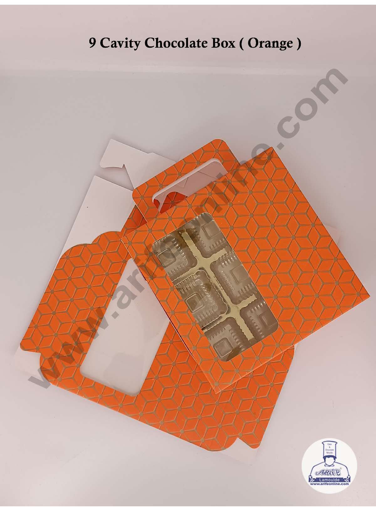 9 Cavity 3D Cube Print Chocolate Box with Cavity, Clear Window & Handle ( 10 Piece Pack ) - Orange (MOQ 12 PACK) (ARD)