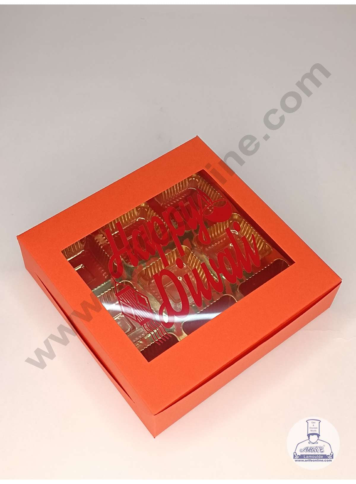 9 Cavity Orange Chocolate Box with Happy Diwali Print on Clear Window & Cavity ( 10 Piece Pack ) - Orange (MOQ 12 PACK) (UD)