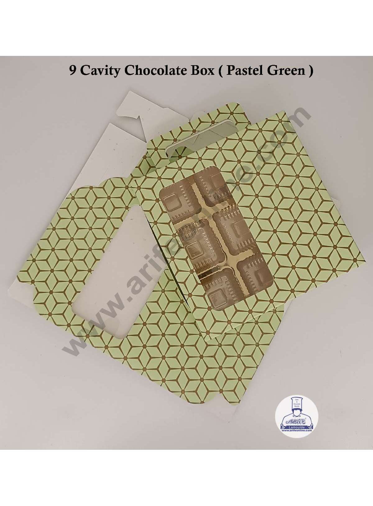 9 Cavity 3D Cube Print Chocolate Box with Cavity, Clear Window & Handle ( 10 Piece Pack ) - Pastel Green (MOQ 12 PACK) (ARD)