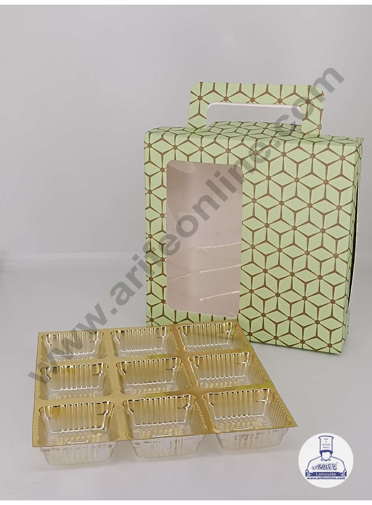 9 Cavity 3D Cube Print Chocolate Box with Cavity, Clear Window & Handle ( 10 Piece Pack ) - Pastel Green (MOQ 12 PACK) (ARD)