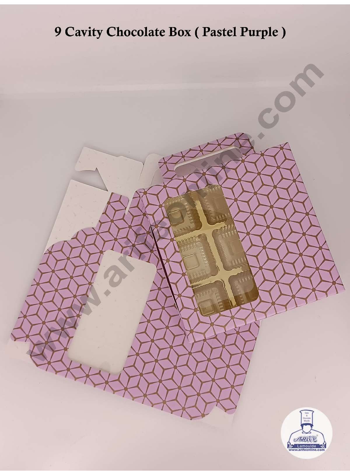 9 Cavity 3D Cube Print Chocolate Box with Cavity,  Clear Window & Handle ( 10 Piece Pack ) - Pastel Purple (MOQ 12 PACK) (ARD)
