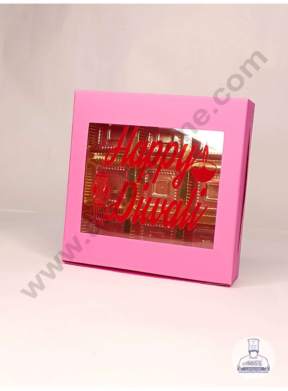 9 Cavity Pink Chocolate Box with Happy Diwali Print on Clear Window & Cavity ( 10 Piece Pack ) - Pink (MOQ 12 PACK) (UD)