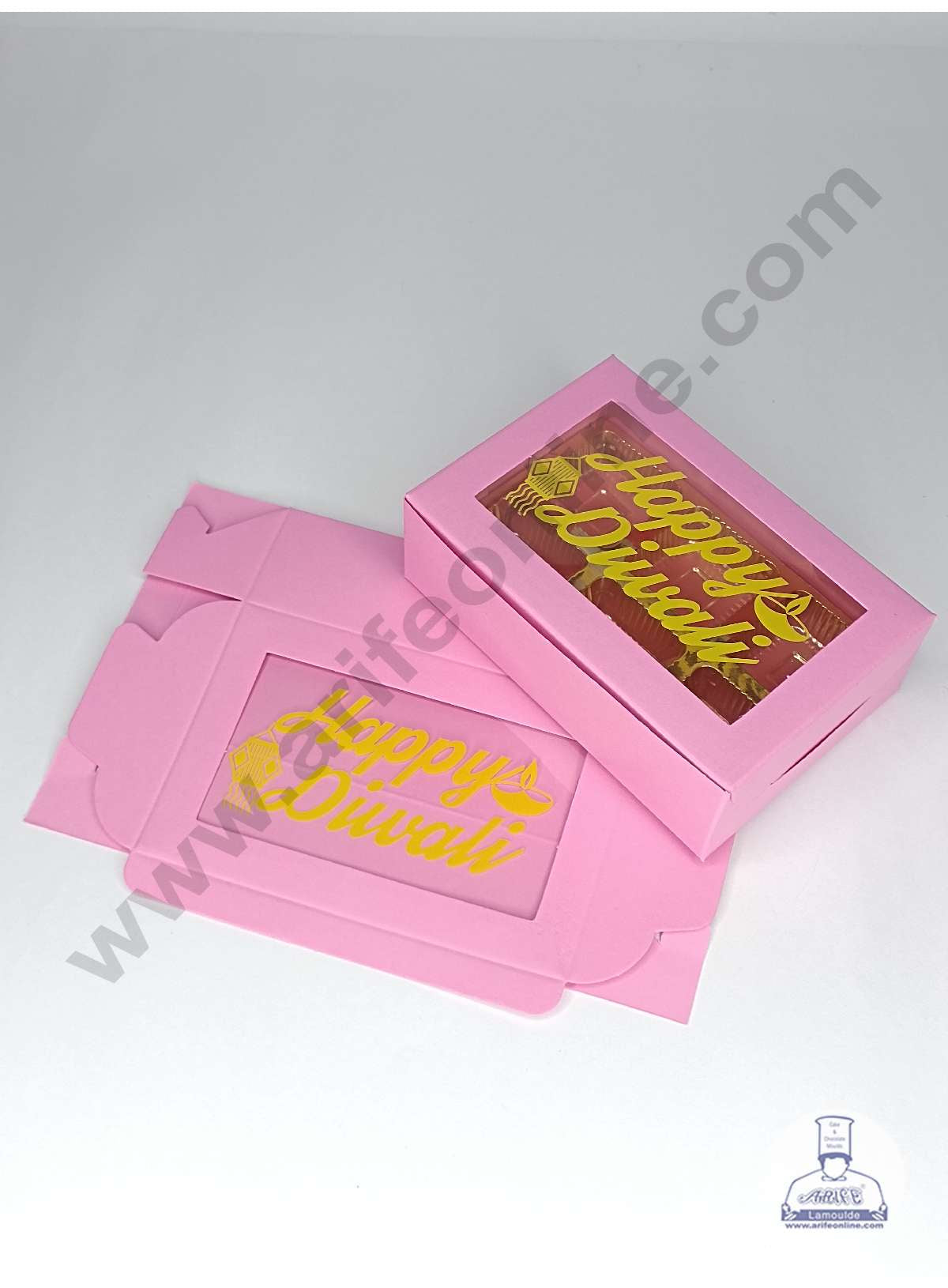 6 Cavity Pink Chocolate Box with Happy Diwali Print on Clear Window & Cavity ( 10 Piece Pack ) - Pink (MOQ 12 PACK) (OD)