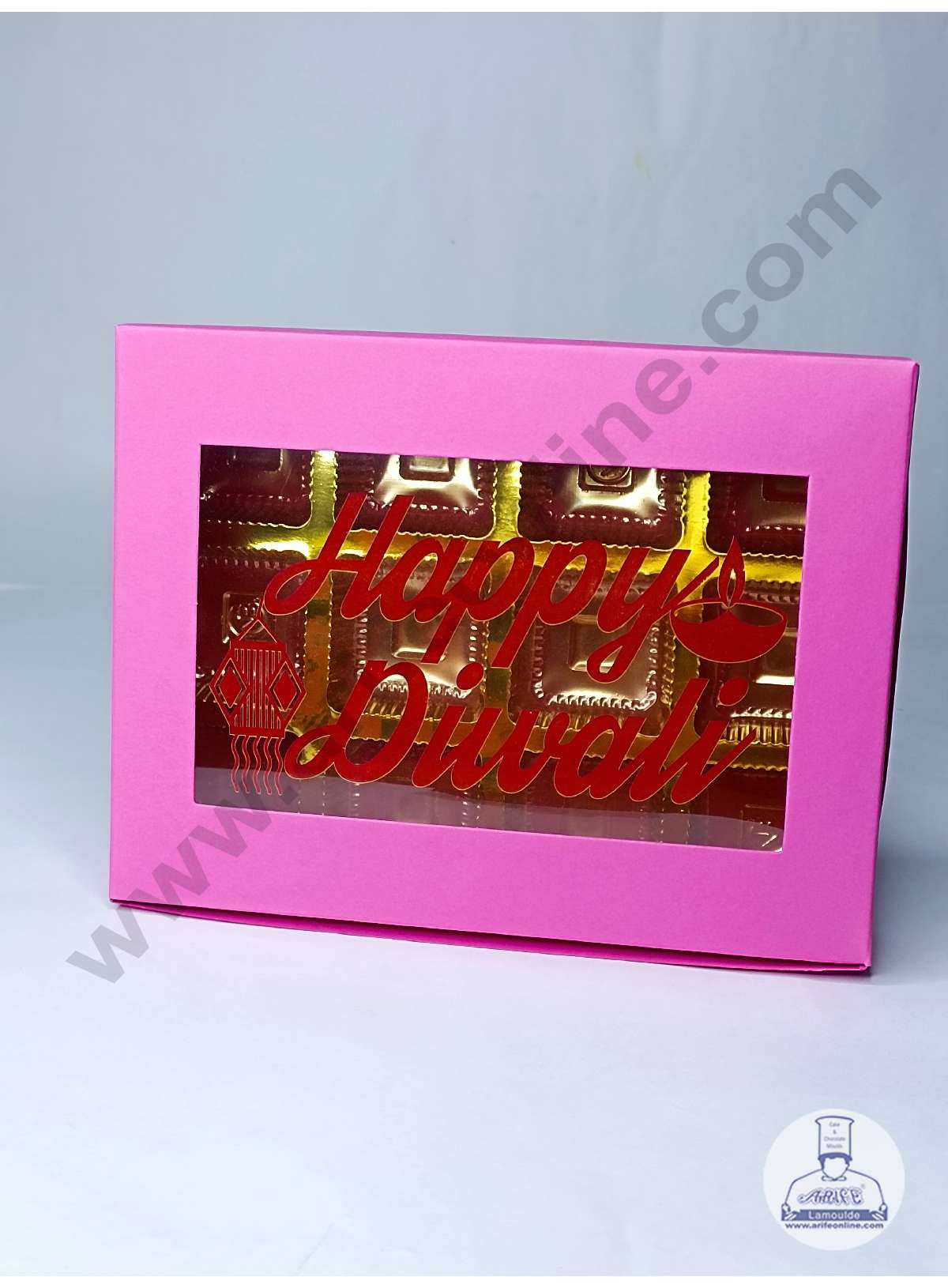 12 Cavity Pink Chocolate Box with Happy Diwali Print on Clear Window & Cavity ( 10 Piece Pack ) - Pink (MOQ 12 PACK) (ADD)