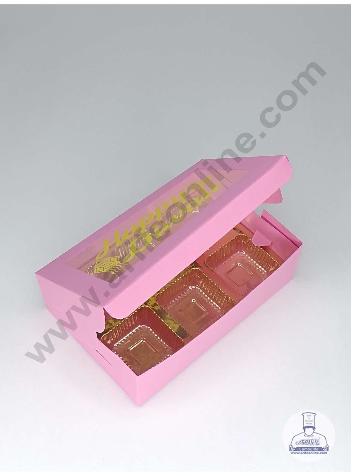 6 Cavity Pink Chocolate Box with Happy Diwali Print on Clear Window & Cavity ( 10 Piece Pack ) - Pink (MOQ 12 PACK) (OD)