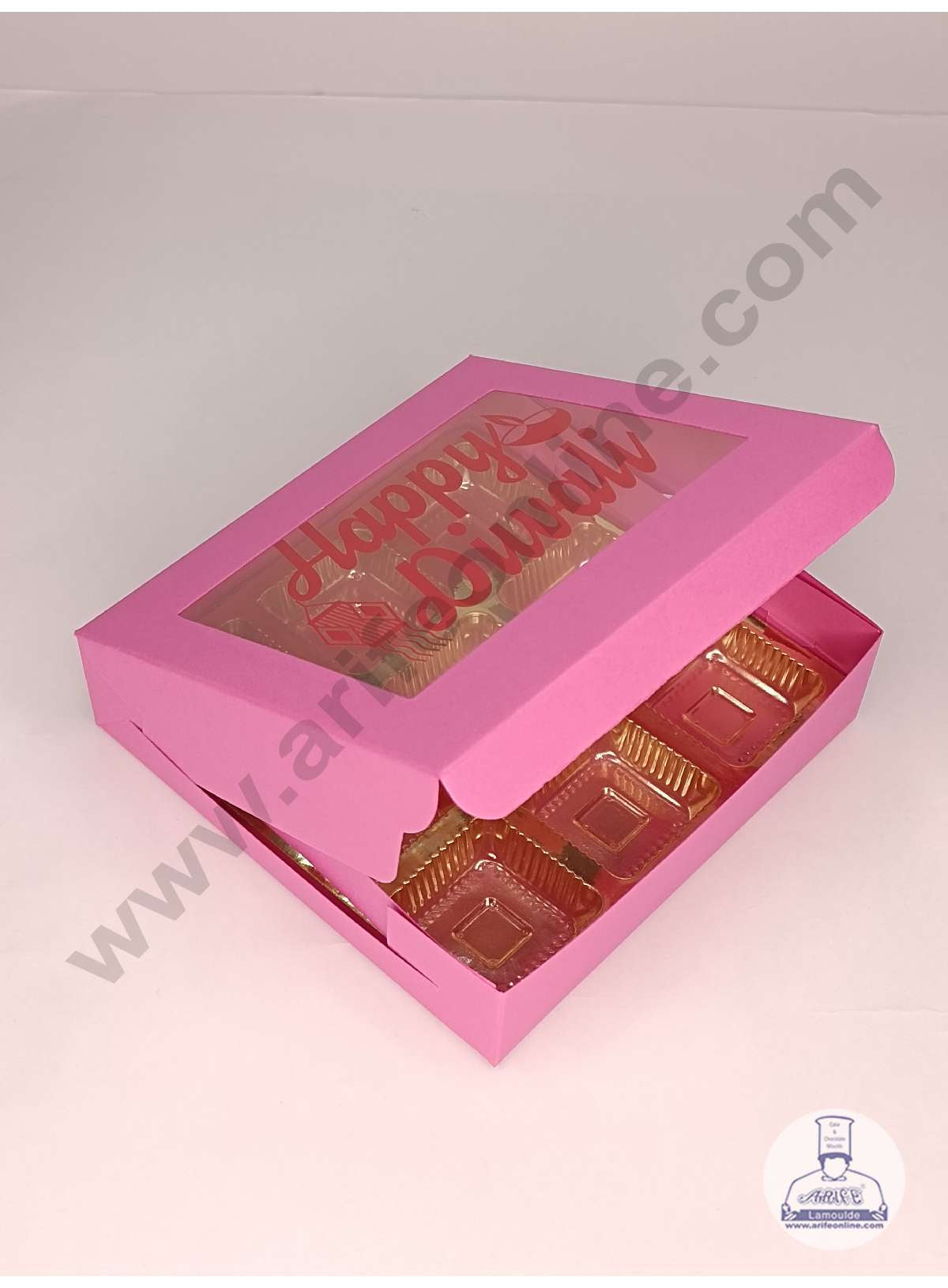 9 Cavity Pink Chocolate Box with Happy Diwali Print on Clear Window & Cavity ( 10 Piece Pack ) - Pink (MOQ 12 PACK) (UD)