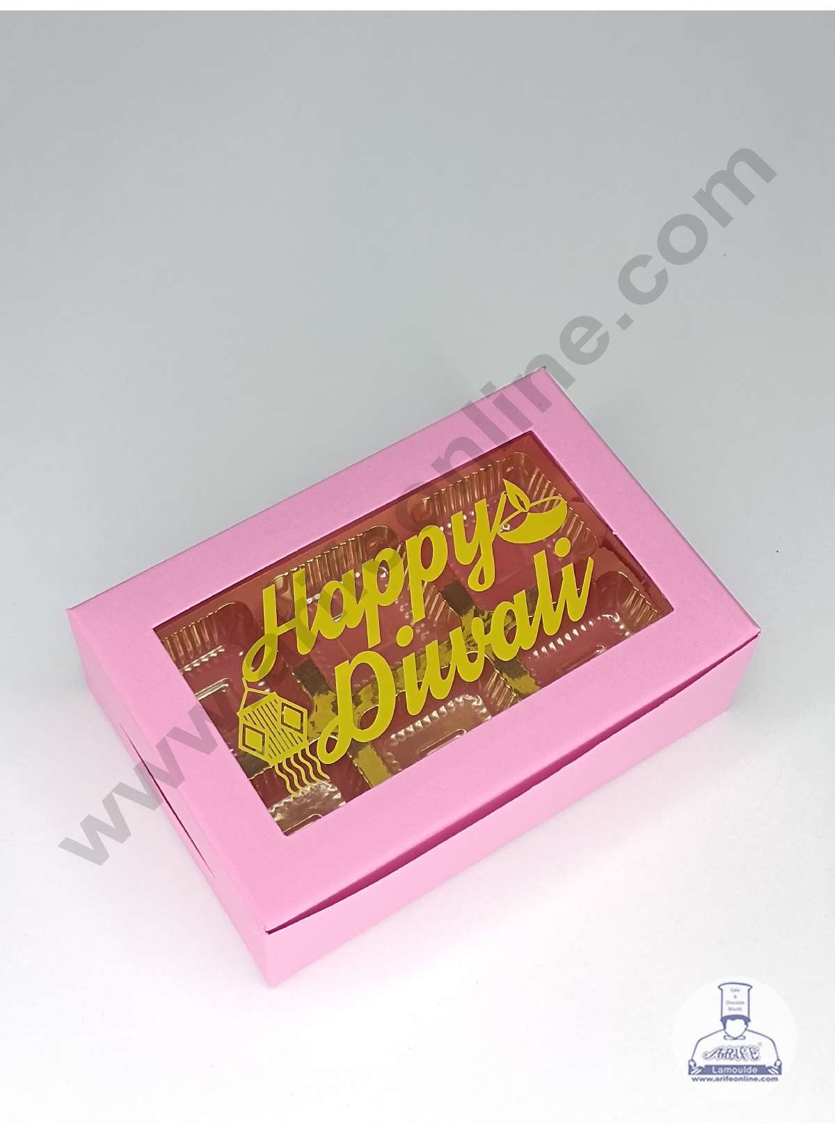 6 Cavity Pink Chocolate Box with Happy Diwali Print on Clear Window & Cavity ( 10 Piece Pack ) - Pink (MOQ 12 PACK) (OD)