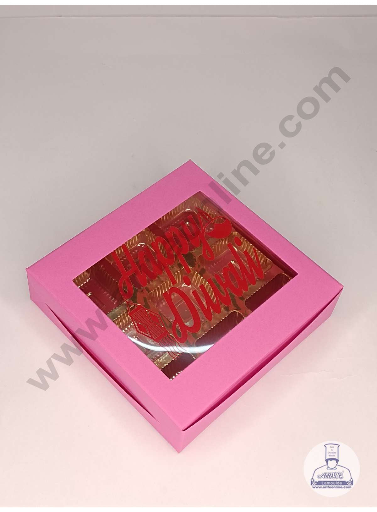 9 Cavity Pink Chocolate Box with Happy Diwali Print on Clear Window & Cavity ( 10 Piece Pack ) - Pink (MOQ 12 PACK) (UD)