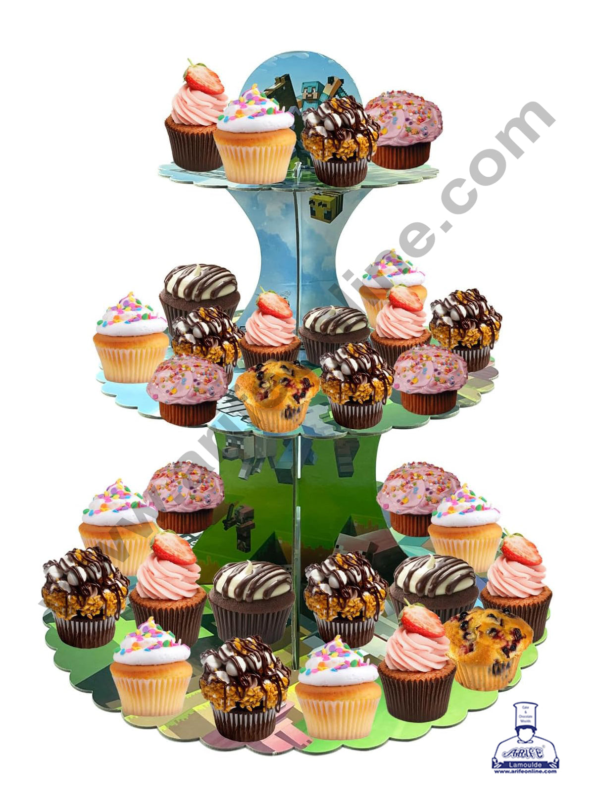3-Tier Pixel Craft Miner Game Cardboard Cupcake Stand - Heavy (MOQ 12 PCS)