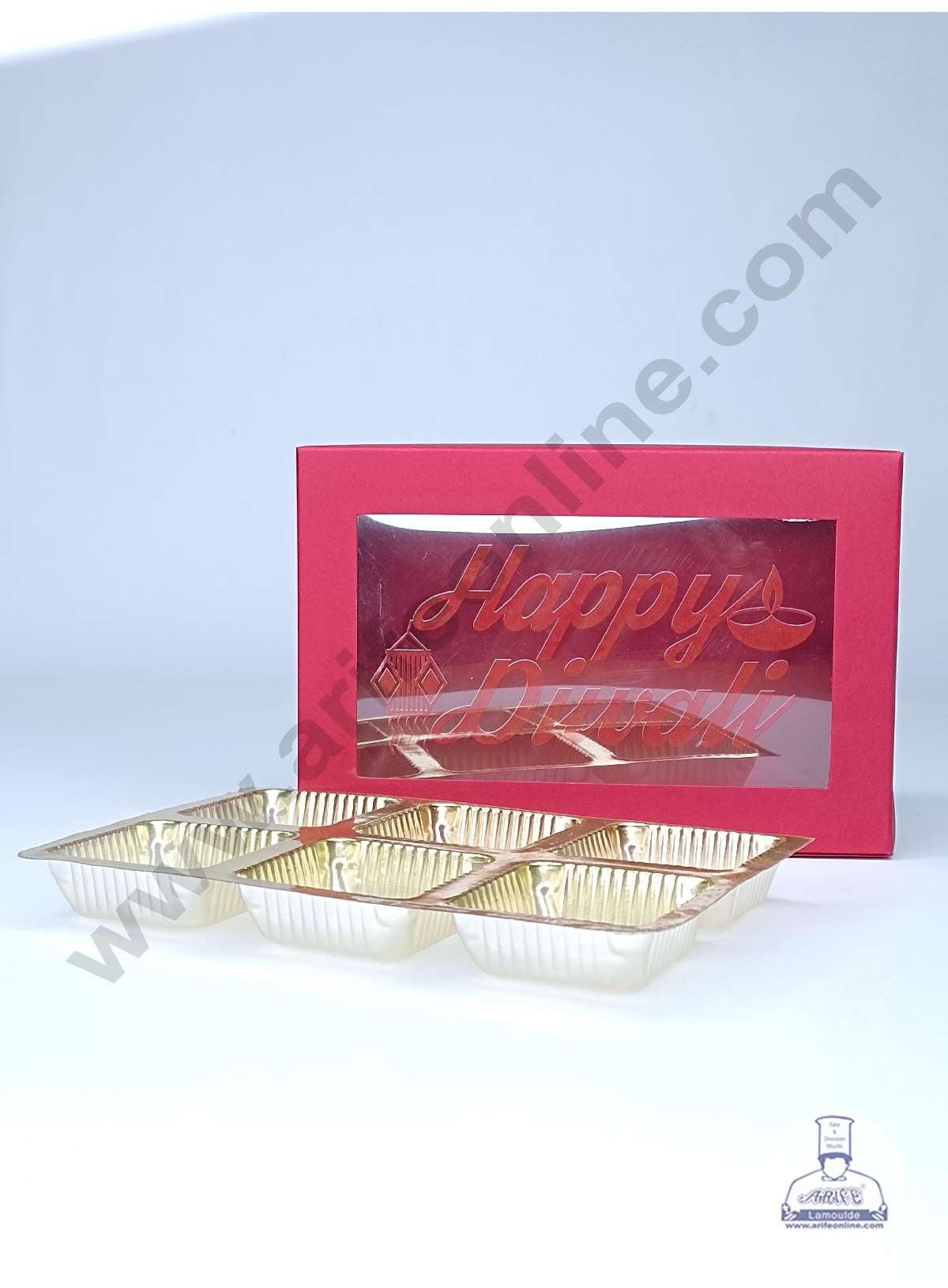 6 Cavity Dark Red Chocolate Box with Happy Diwali Print on Clear Window & Cavity ( 10 Piece Pack ) - Dark Red (MOQ 12 PACK) (OD)