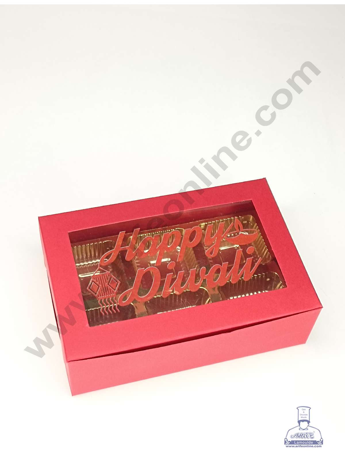 6 Cavity Dark Red Chocolate Box with Happy Diwali Print on Clear Window & Cavity ( 10 Piece Pack ) - Dark Red (MOQ 12 PACK) (OD)
