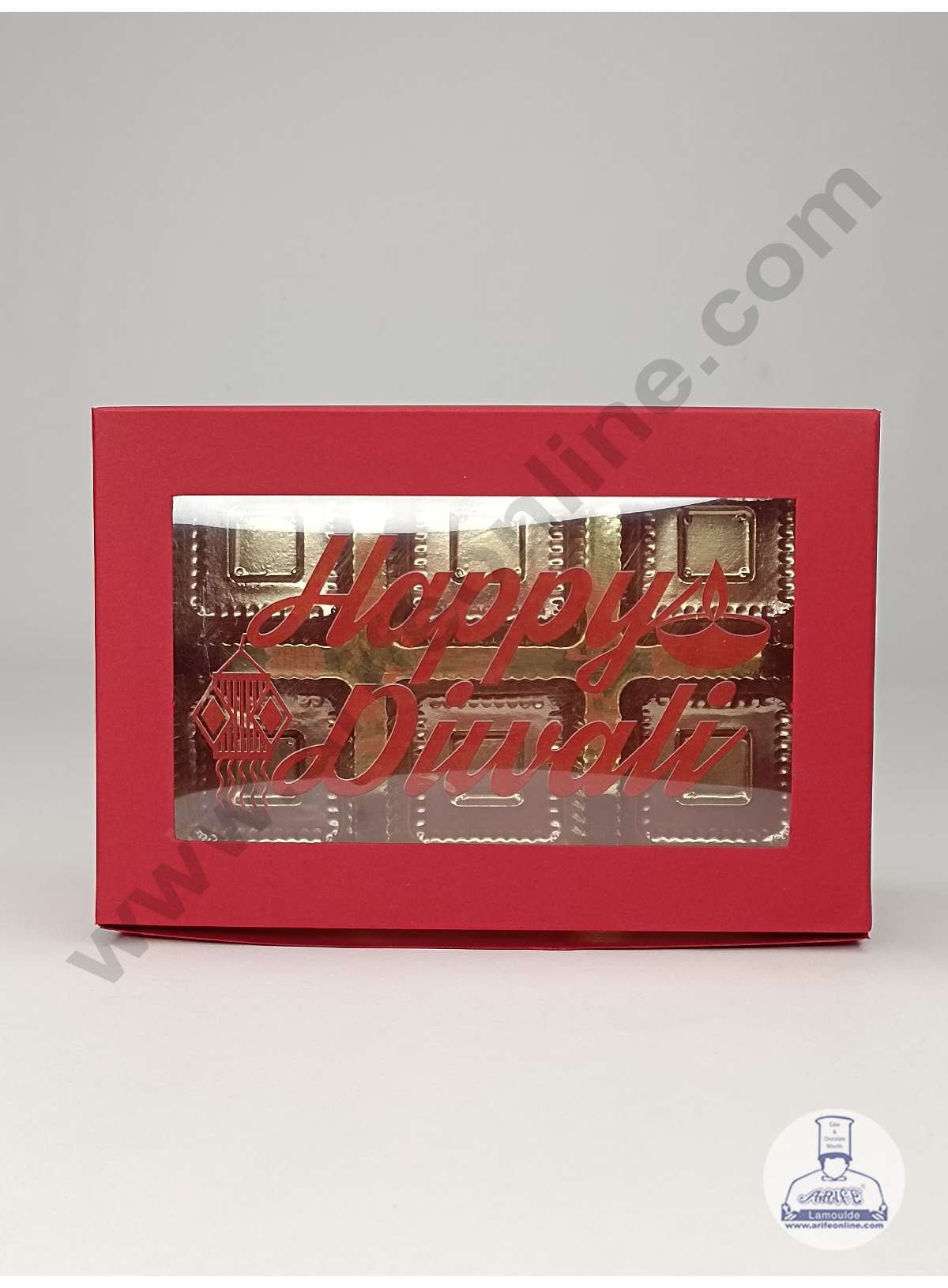 6 Cavity Dark Red Chocolate Box with Happy Diwali Print on Clear Window & Cavity ( 10 Piece Pack ) - Dark Red (MOQ 12 PACK) (OD)