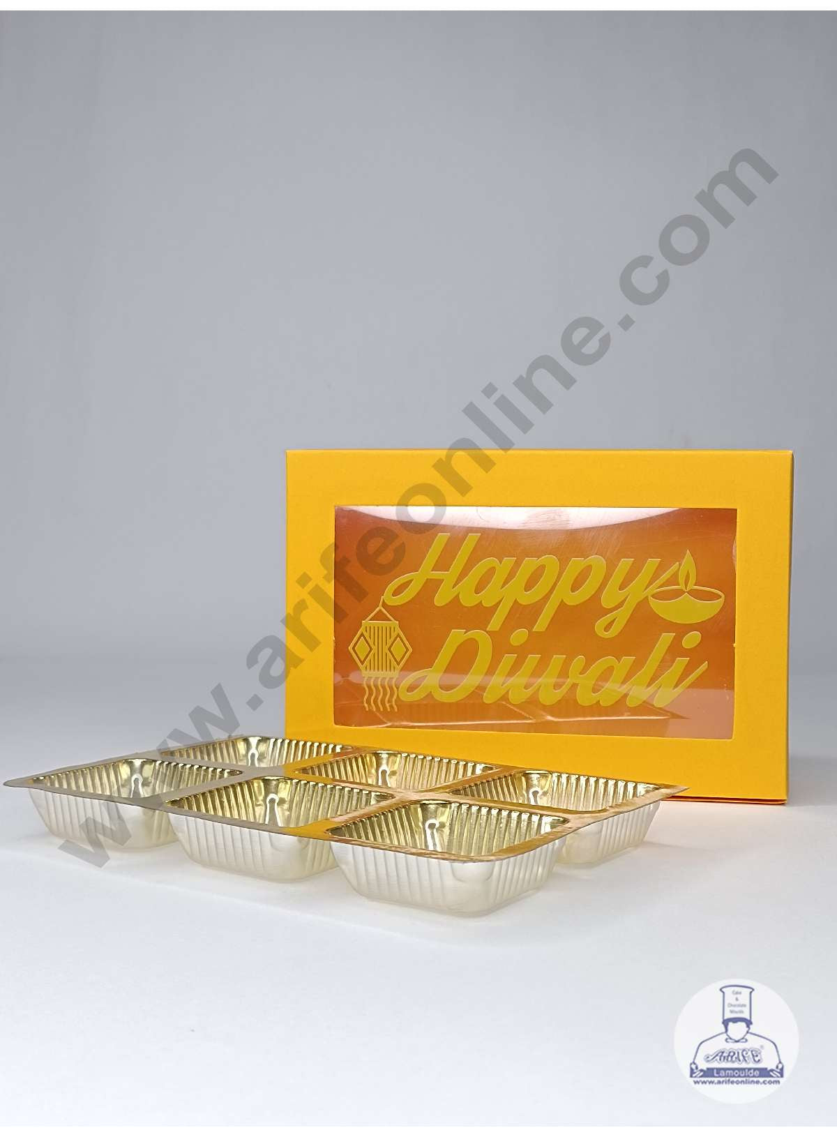 6 Cavity Mustard Yellow Chocolate Box with Happy Diwali Print on Clear Window & Cavity ( 10 Piece Pack ) - Mustard Yellow (MOQ 12 PACK) (OD)