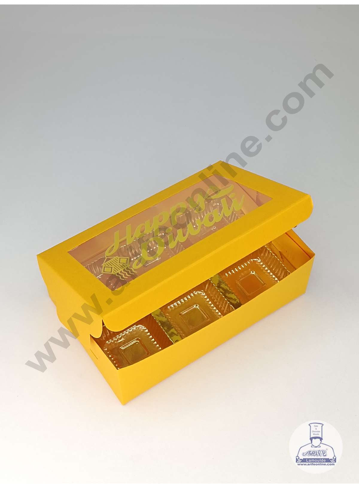 6 Cavity Mustard Yellow Chocolate Box with Happy Diwali Print on Clear Window & Cavity ( 10 Piece Pack ) - Mustard Yellow (MOQ 12 PACK) (OD)