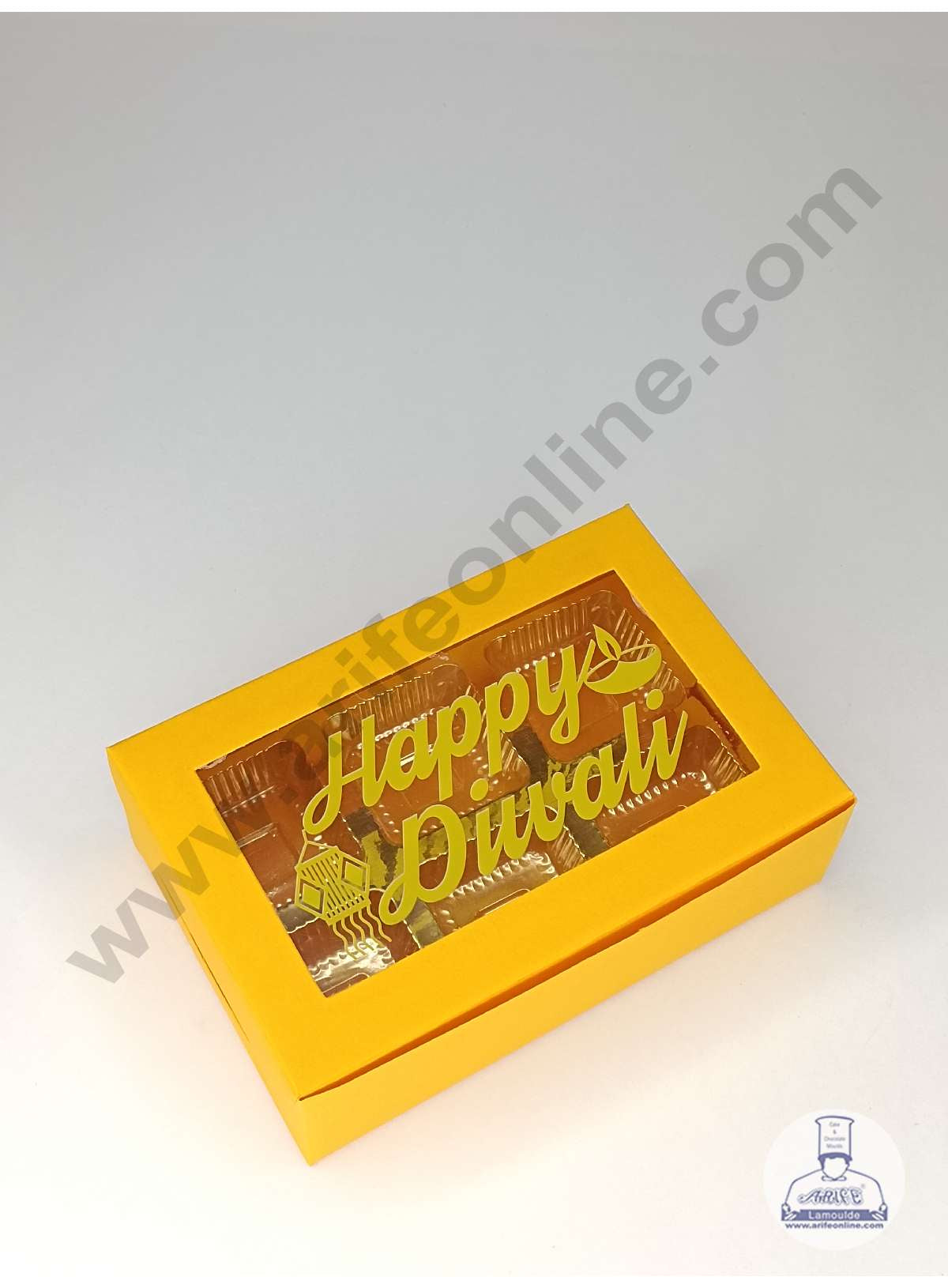 6 Cavity Mustard Yellow Chocolate Box with Happy Diwali Print on Clear Window & Cavity ( 10 Piece Pack ) - Mustard Yellow (MOQ 12 PACK) (OD)