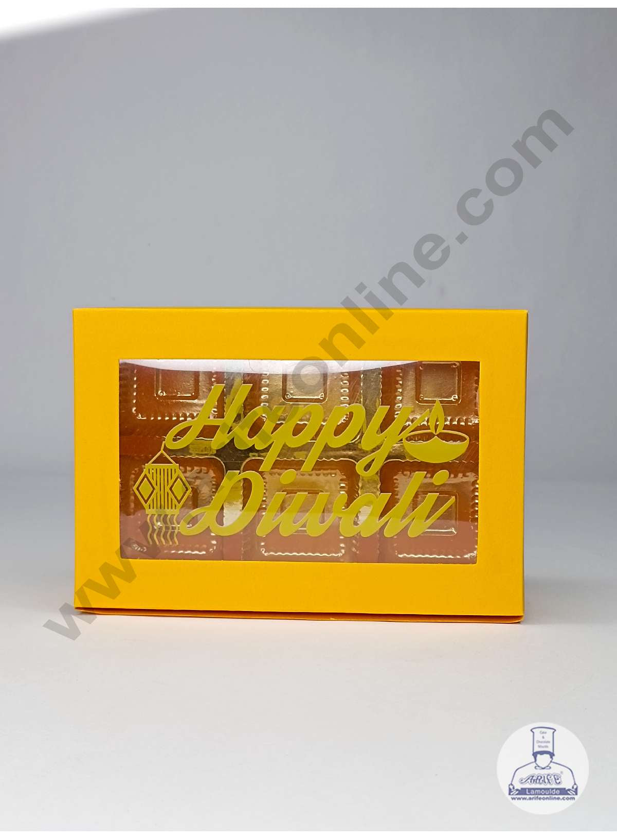 6 Cavity Mustard Yellow Chocolate Box with Happy Diwali Print on Clear Window & Cavity ( 10 Piece Pack ) - Mustard Yellow (MOQ 12 PACK) (OD)