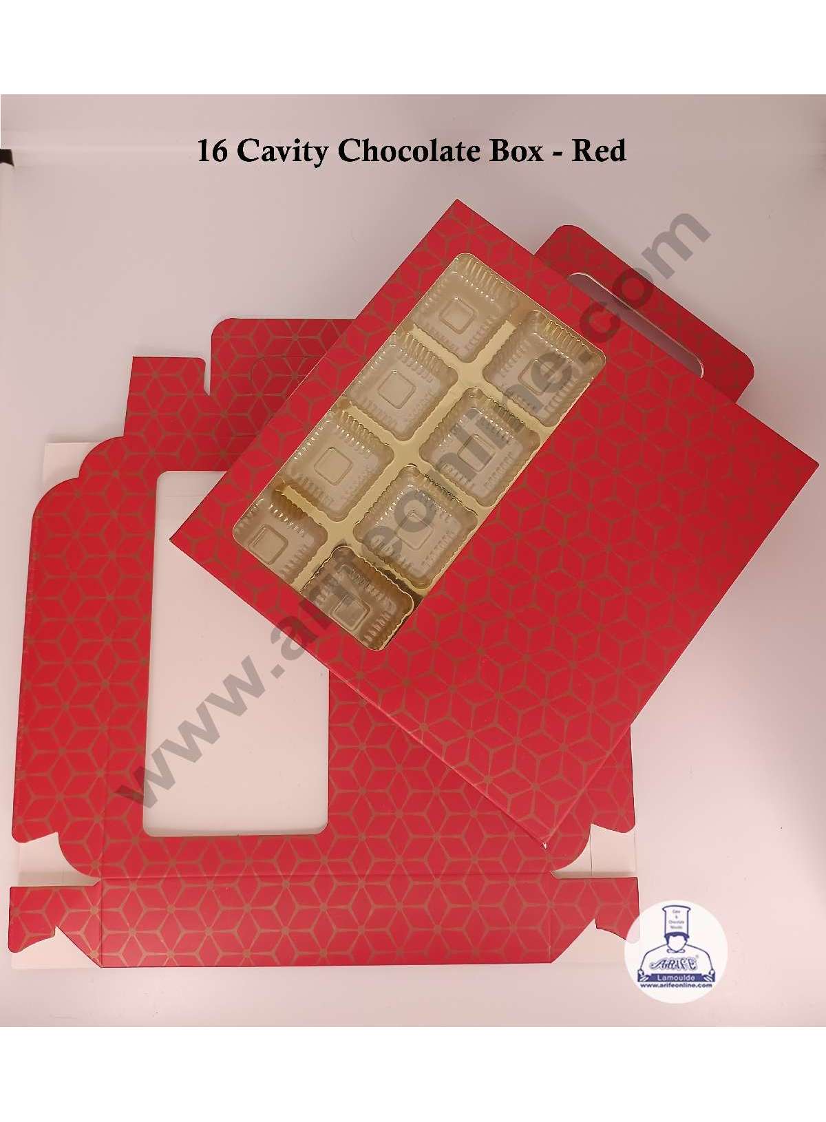 16 Cavity 3D Cube Print Chocolate Box with Cavity, Clear Window & Handle ( 10 Piece Pack ) - Red (MOQ 12 PACK) (RDD)