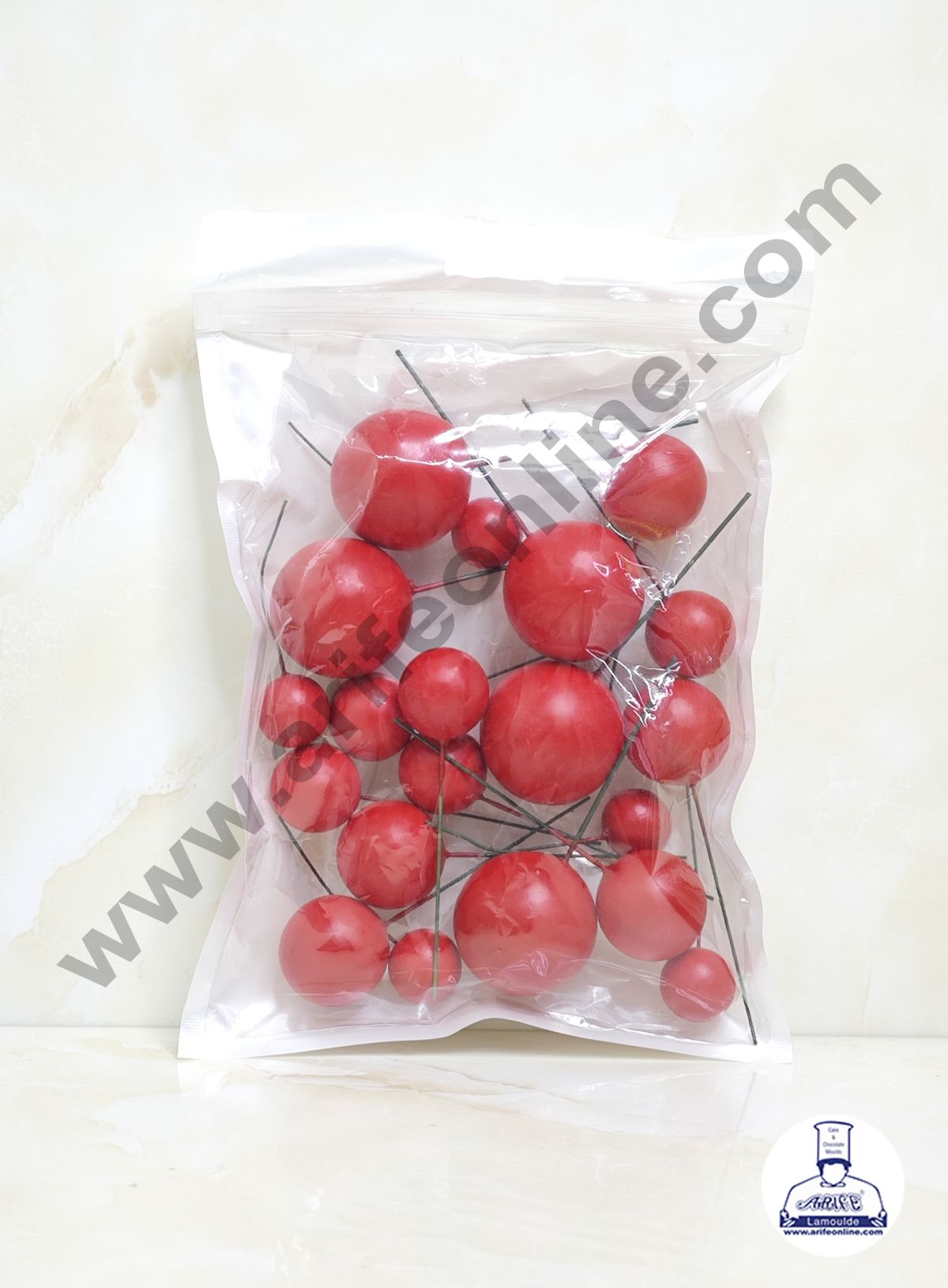 Matte Red Faux Ball Topper For Cake and Cupcake Decoration - 20 pcs Pack (MOQ 300 PACKET 1 CRTN) (IM)