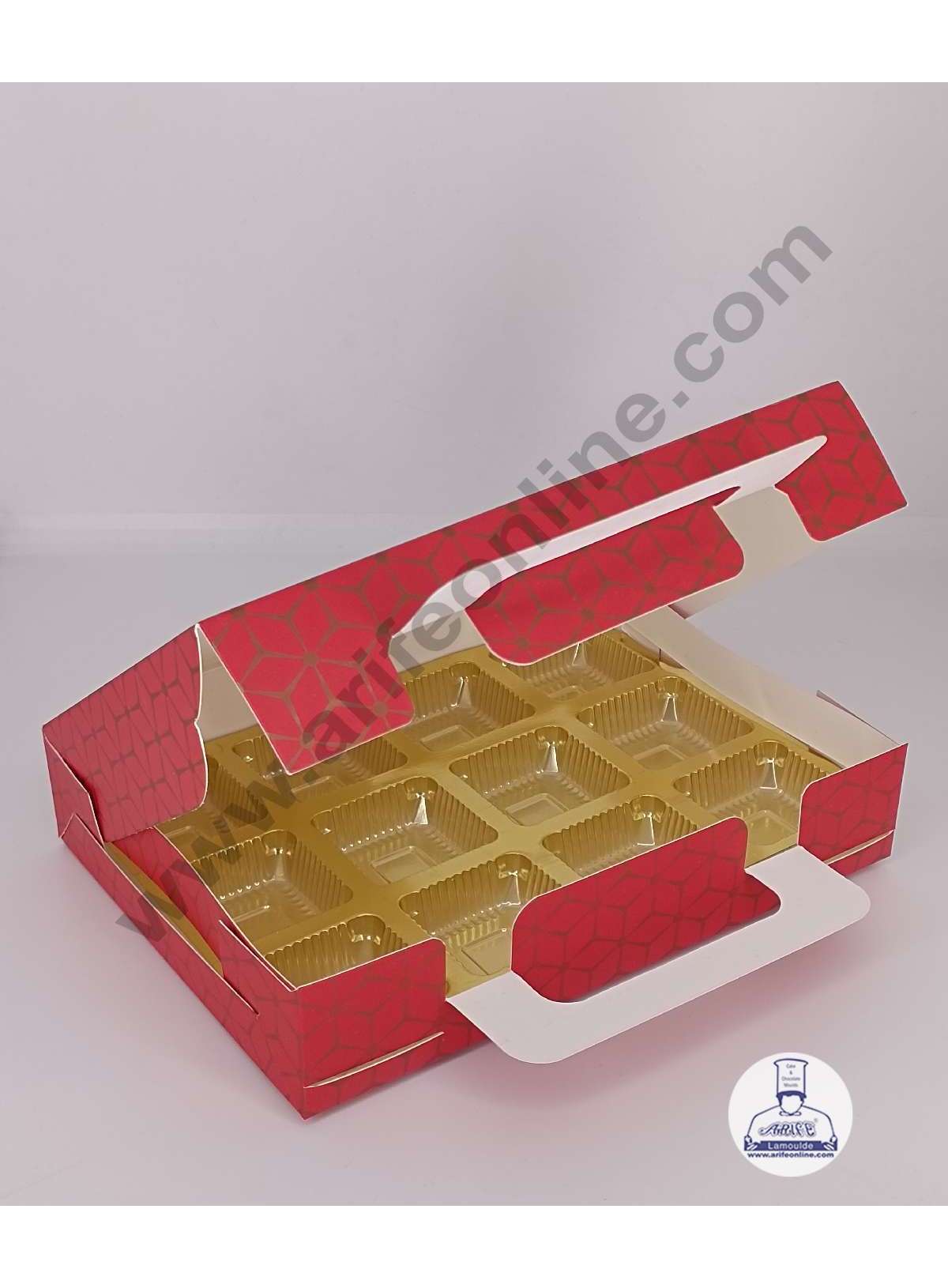 12 Cavity 3D Cube Print Chocolate Box with Cavity, Clear Window & Handle ( 10 Piece Pack ) - Red  (MOQ 12 PACK) (AED)