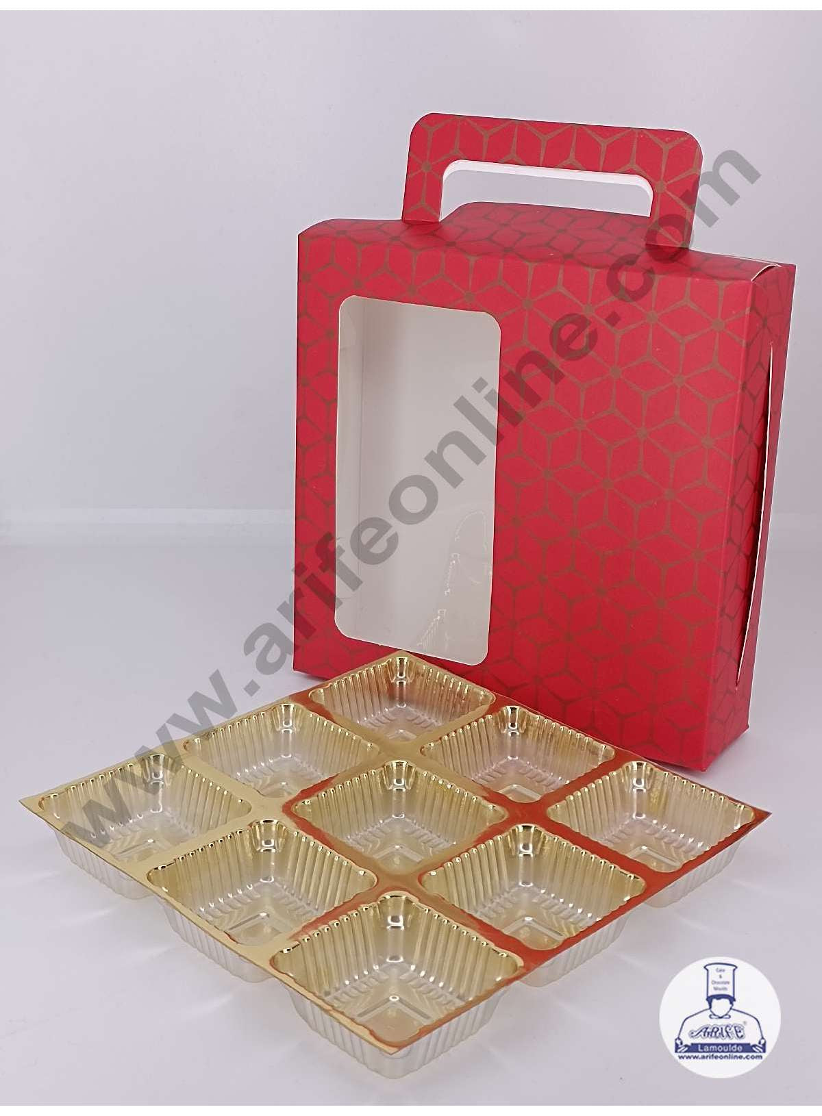 9 Cavity 3D Cube Print Chocolate Box with Cavity, Clear Window & Handle ( 10 Piece Pack ) - Red (MOQ 12 PACK) (ARD)