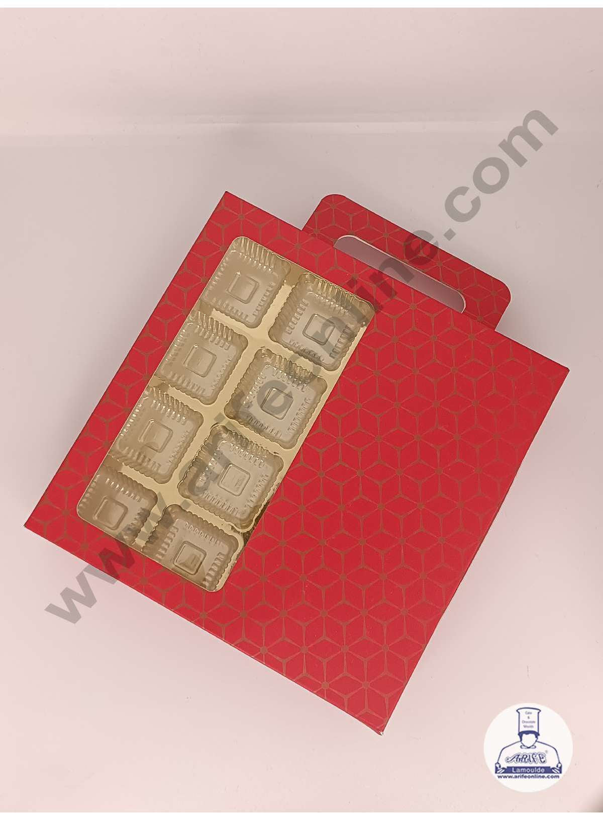 16 Cavity 3D Cube Print Chocolate Box with Cavity, Clear Window & Handle ( 10 Piece Pack ) - Red (MOQ 12 PACK) (RDD)