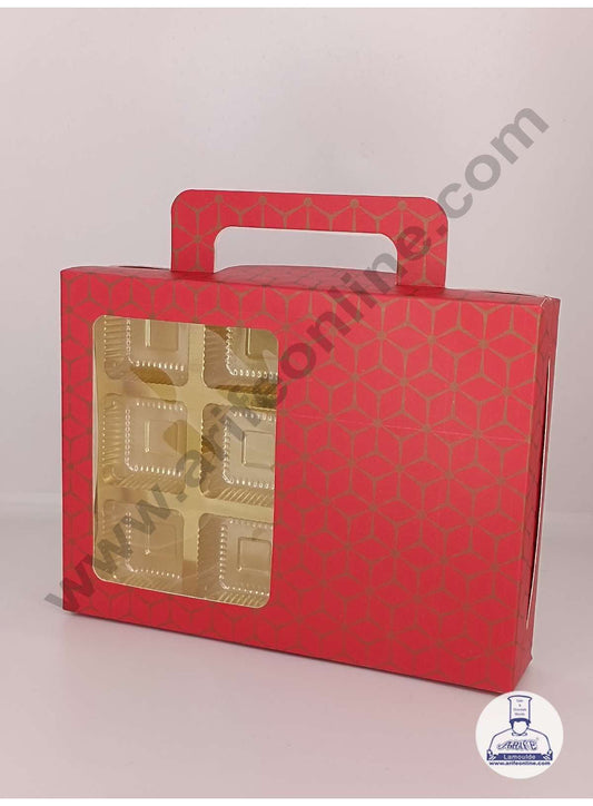 12 Cavity 3D Cube Print Chocolate Box with Cavity, Clear Window & Handle ( 10 Piece Pack ) - Red  (MOQ 12 PACK) (AED)