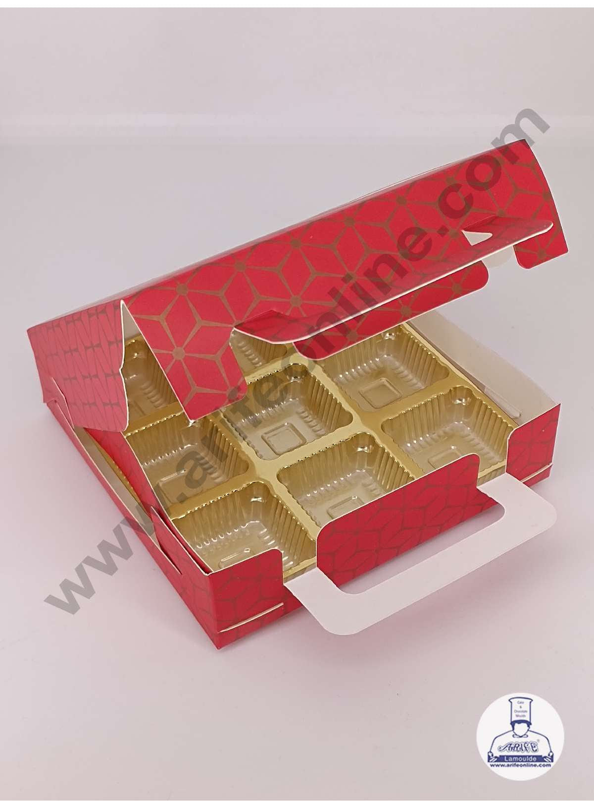 9 Cavity 3D Cube Print Chocolate Box with Cavity, Clear Window & Handle ( 10 Piece Pack ) - Red (MOQ 12 PACK) (ARD)