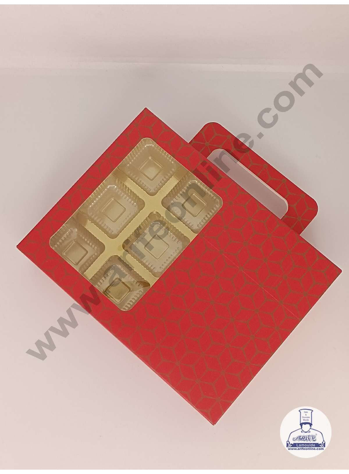 12 Cavity 3D Cube Print Chocolate Box with Cavity, Clear Window & Handle ( 10 Piece Pack ) - Red  (MOQ 12 PACK) (AED)