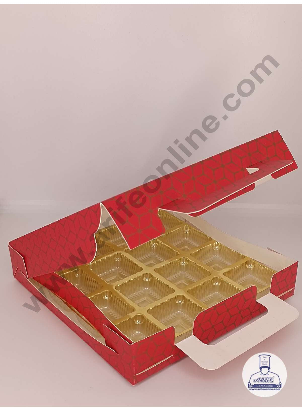 16 Cavity 3D Cube Print Chocolate Box with Cavity, Clear Window & Handle ( 10 Piece Pack ) - Red (MOQ 12 PACK) (RDD)
