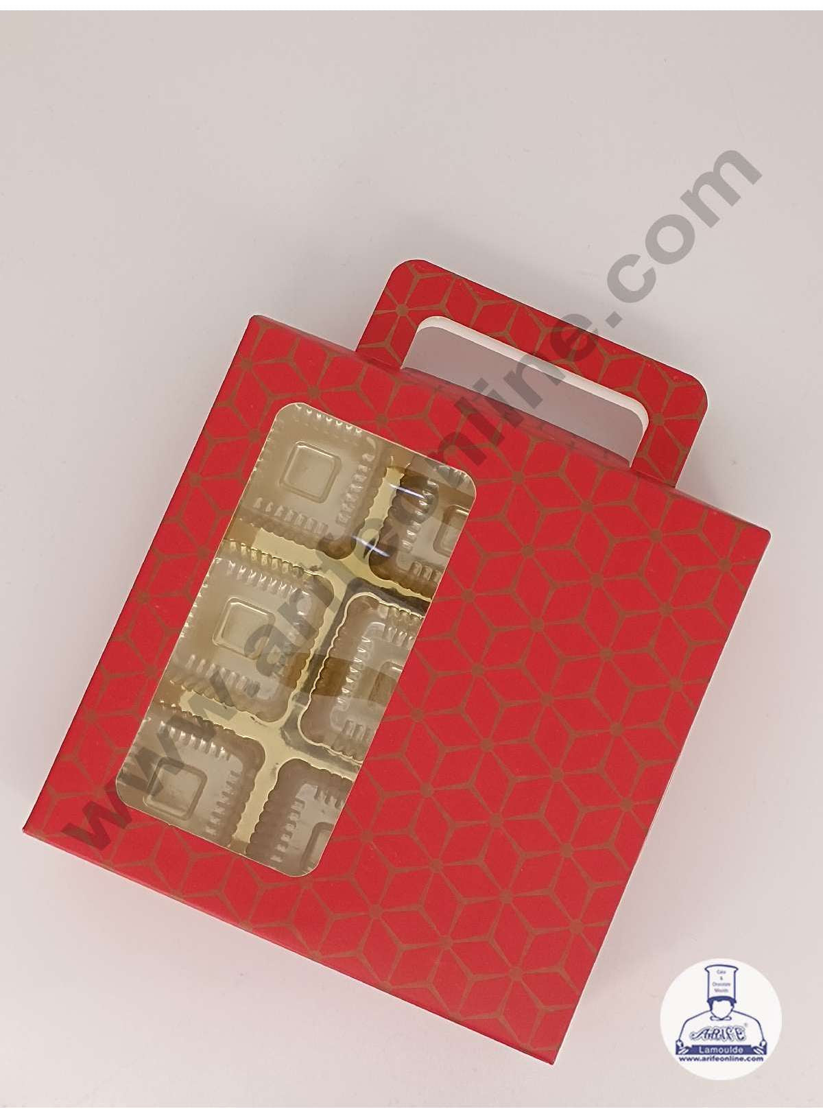 9 Cavity 3D Cube Print Chocolate Box with Cavity, Clear Window & Handle ( 10 Piece Pack ) - Red (MOQ 12 PACK) (ARD)