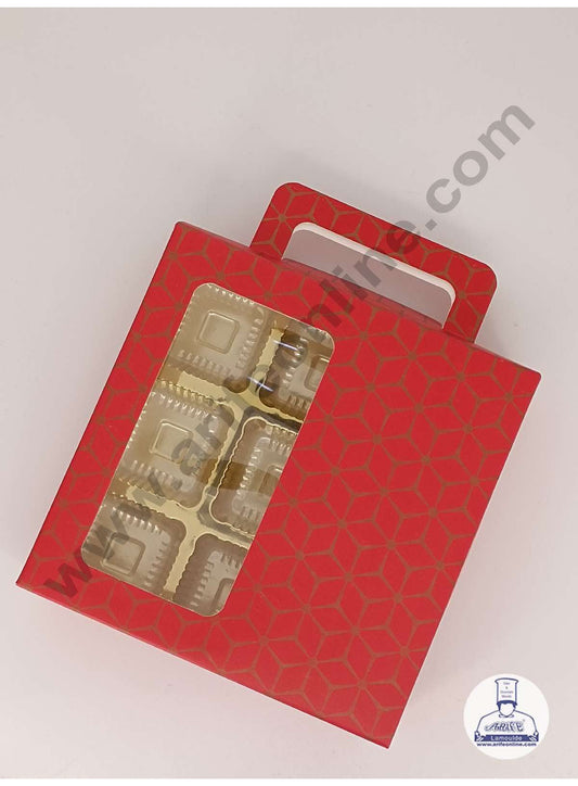 9 Cavity 3D Cube Print Chocolate Box with Cavity, Clear Window & Handle ( 10 Piece Pack ) - Red (MOQ 12 PACK) (ARD)