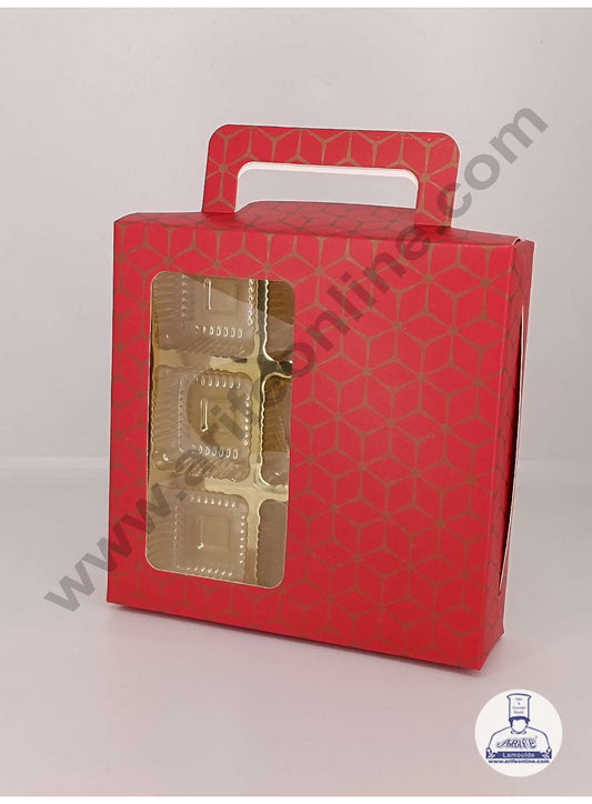 9 Cavity 3D Cube Print Chocolate Box with Cavity, Clear Window & Handle ( 10 Piece Pack ) - Red (MOQ 12 PACK) (ARD)
