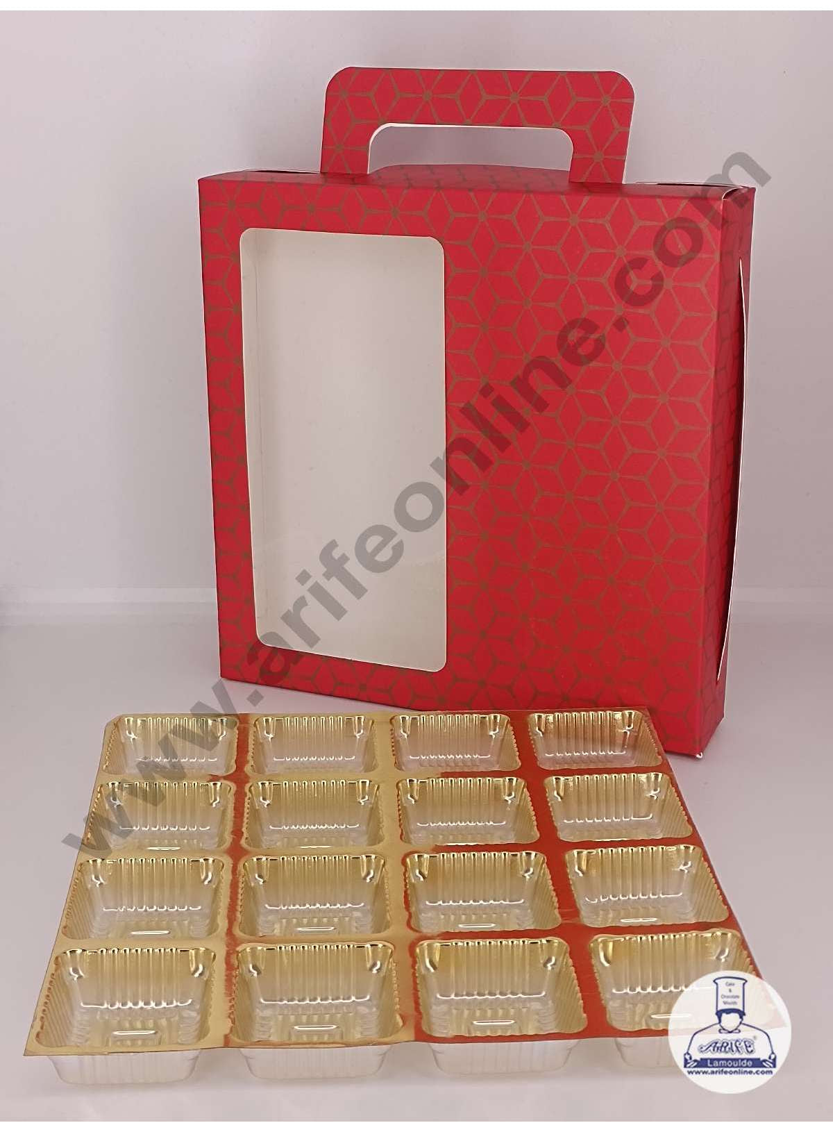 16 Cavity 3D Cube Print Chocolate Box with Cavity, Clear Window & Handle ( 10 Piece Pack ) - Red (MOQ 12 PACK) (RDD)