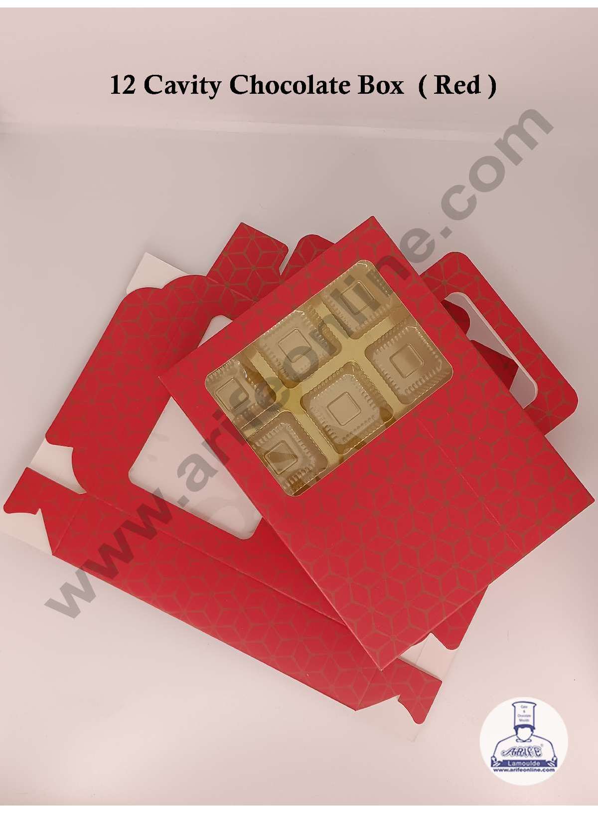 12 Cavity 3D Cube Print Chocolate Box with Cavity, Clear Window & Handle ( 10 Piece Pack ) - Red  (MOQ 12 PACK) (AED)