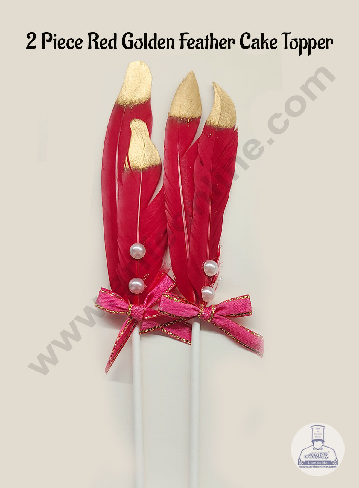 2 Pcs Red Golden Feather Topper For Cake Decoration (MOQ 12 PCS) (FD)