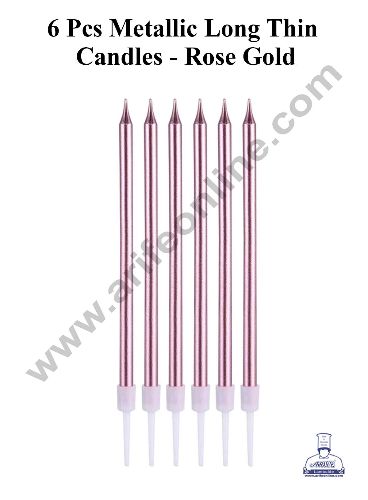 Metallic Long Thin Cake Candle in Holder for Party Decoration for Cake and Cupcake - Rose Gold - Set of 6 Pc (MOQ 12 SET)