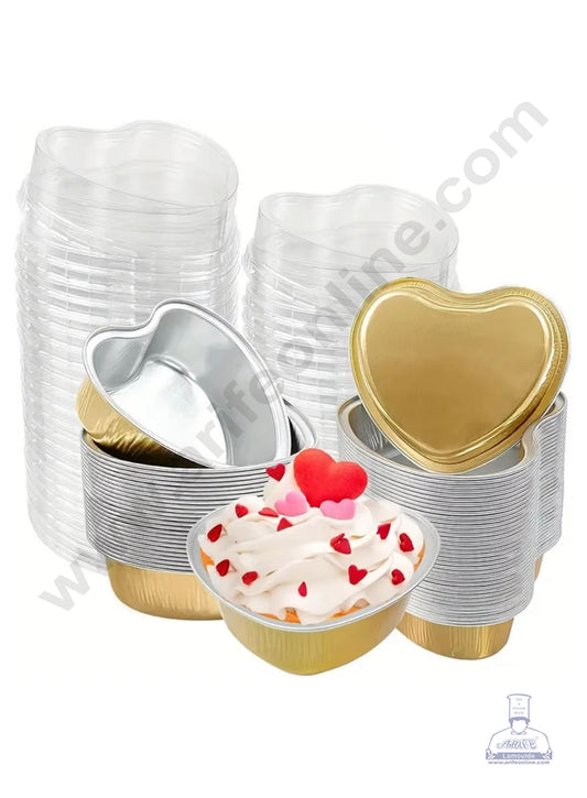 Heart Shape Aluminium Tin Foil Bake & Serve Cup with Lid | Aluminium Containers | Non-Stick Foil Baking Cups - Gold - (O)  - 2000 Pcs per cartoon (MOQ 1 CRTN)