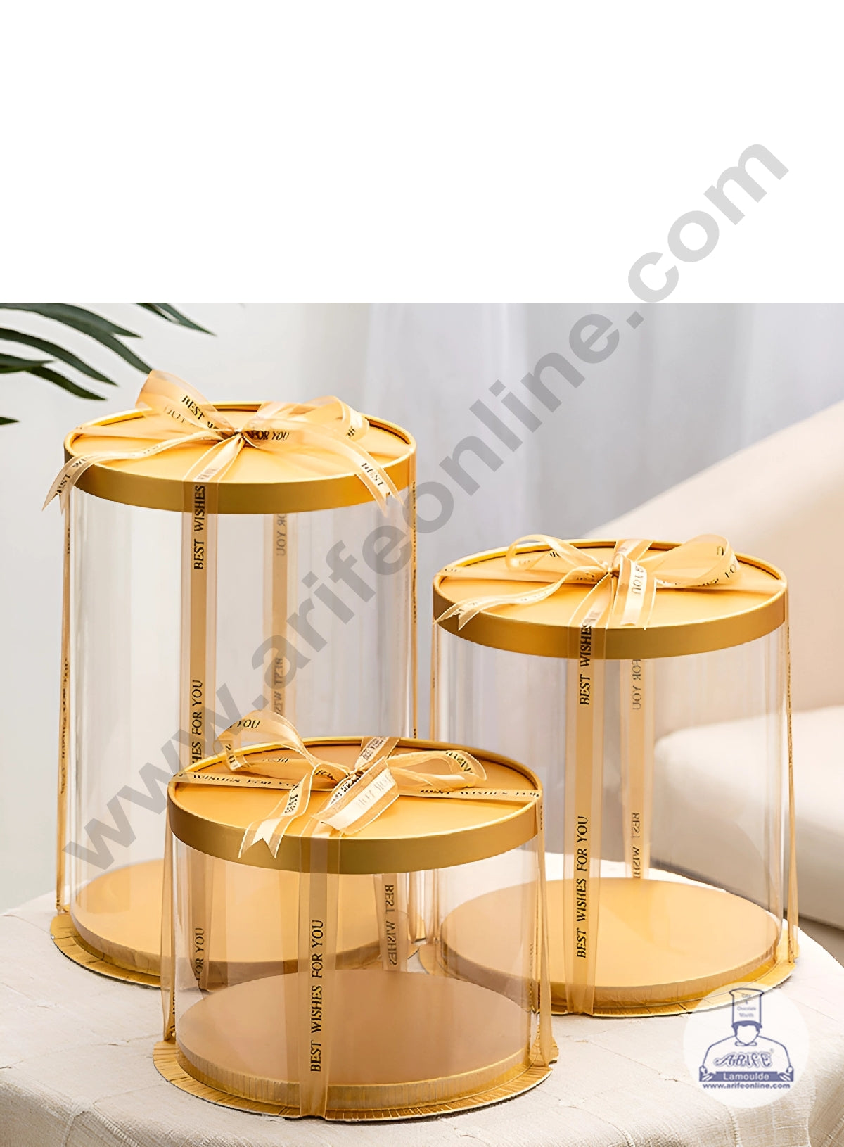 1 Piece Transparent Round Cake Box With Golden Base & Lid | Gift Box | Hamper Box | Pinata Box - (10 X 10 X 12 Inch)  (ARE)