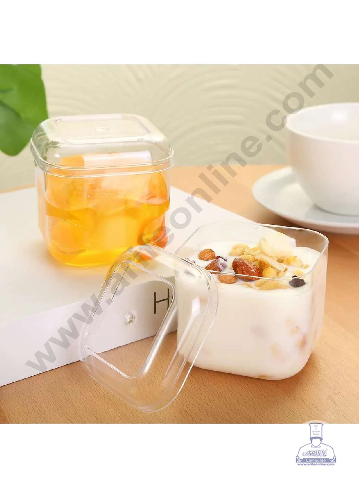 Transparent Square Dessert Tub with Curved Corners & Lid | Ideal for Pudding, Parfait, and Mousse (MOQ 500 PCS) (AO)
