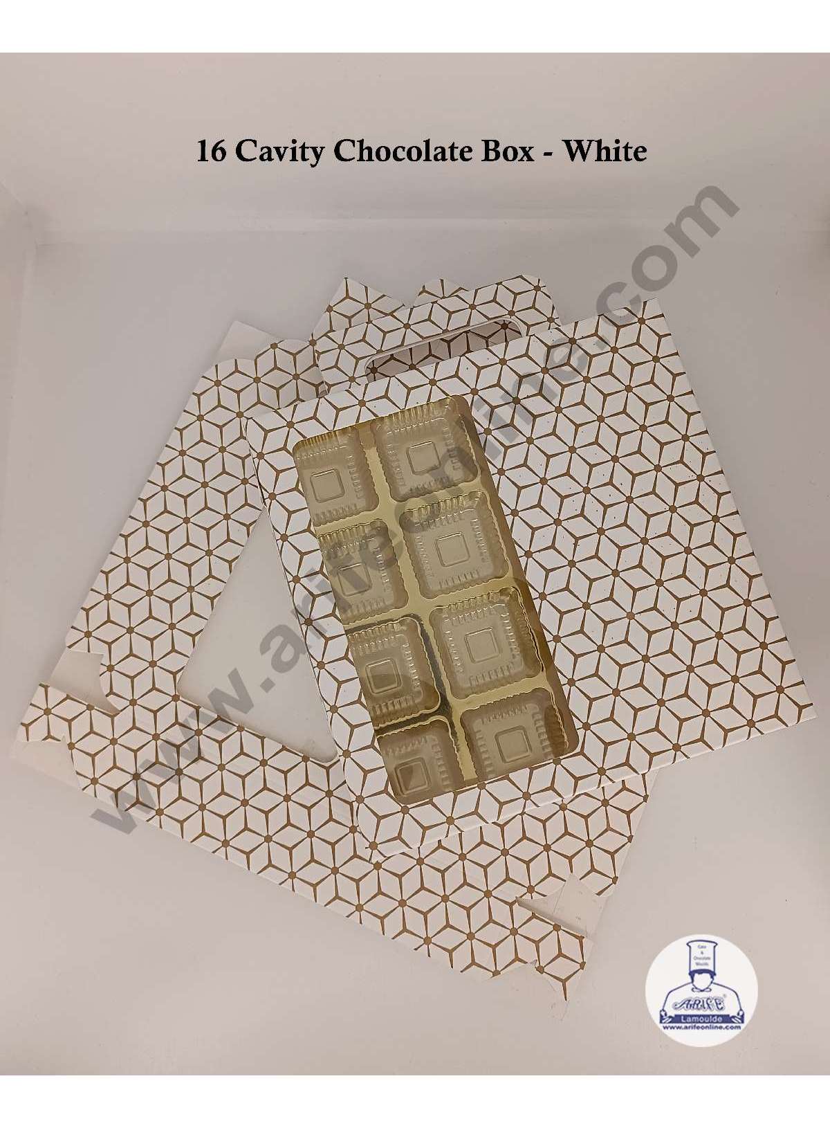 16 Cavity 3D Cube Print Chocolate Box with Cavity, Clear Window & Handle ( 10 Piece Pack ) - White (MOQ 12 PACK) (RDD)